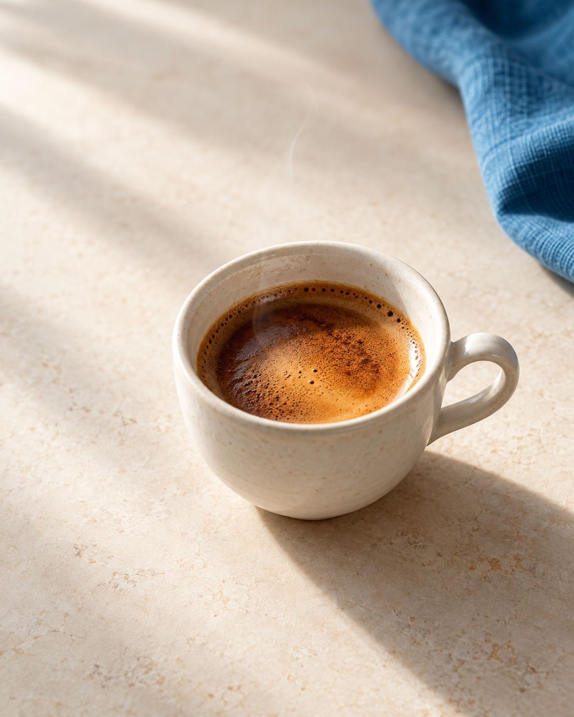 A white ceramic cup of espresso in soft morning light. Illustrative coffee photograph.
